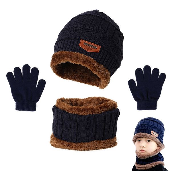 Cappello invernale Sciarpa e guanti Set Scalda peluche per bambini Cappello lavorato a maglia Neonati maschi Berretti Sciarpa al collo Guanto Completo per bambini Accessori