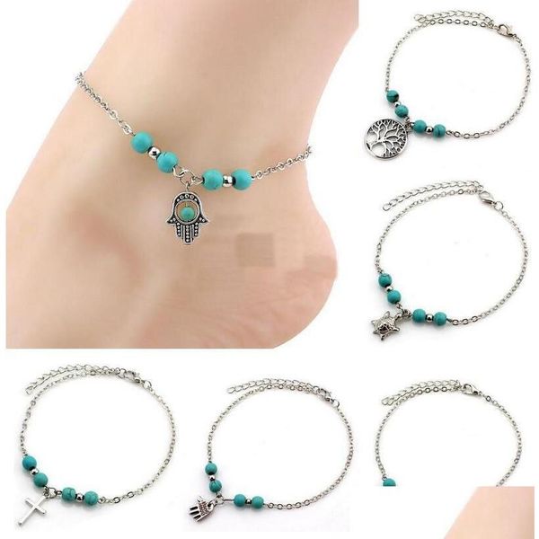 Fußkettchen 6 Stile Bohemian Türkis Frauen Strand Fußketten Kreuz Baum Schildkröten Muschel Fatimas Hand Fußkettchen Für Damen Modeschmuck Dr Dhzeh