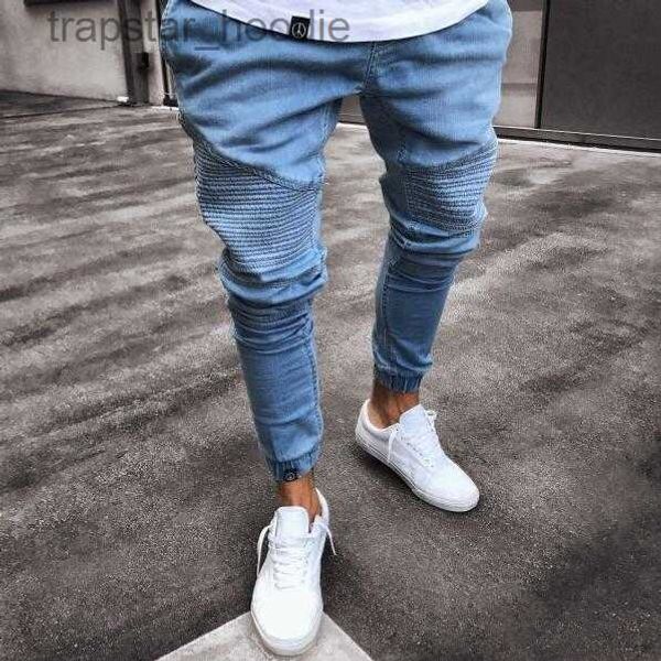 Jeans masculinos Mens Super Skinny Light Blue Jeans Moda Designer Plissado Painéis Denim Corredores Lavados Stretch Biker Lápis Calças Trousres L230918