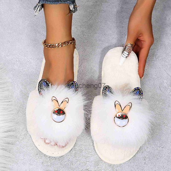 Chinelos frete grátis chinelos sapatos para mulheres cor pura coelho strass pelúcia quente casa casual chinelos planos sapatos de inverno mulher quente x0916