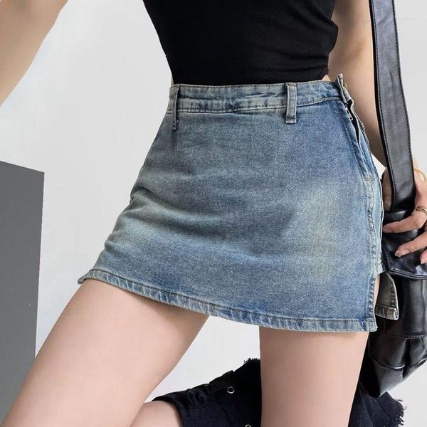 Shorts femininos denim saias com zíper botão lateral corte curto jeans saia streetwear calças 2023 inferior 291