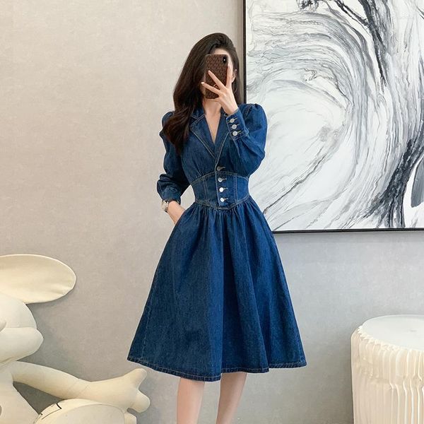 Casual Kleider Herbst Kerbkragen Denim Ballkleid Kleid Hochwertige Damen Langarm Elastische Taille Sexy Rückenfreie Büro Midi Kleidung