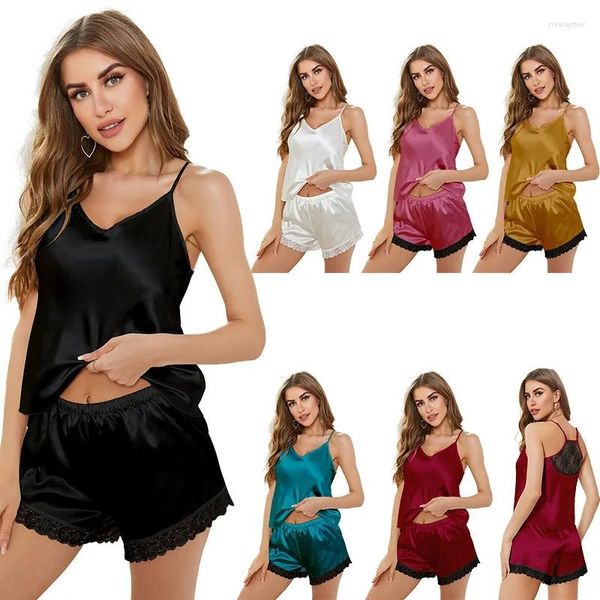 Indumenti da notte da donna Top con cinturino da donna Abito corto da notte Camicie senza schienale Pigiama Abbigliamento per la casa 2 pezzi Lingerie da notte sexy con scollo a V estivo