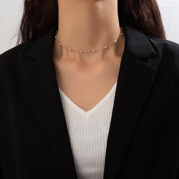 Chaînes simples perle pierre monocouche collier pour femmes alliage métal perlé clavicule ras du cou bijoux de fiançailles 22917