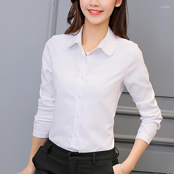 Polo da donna Camicie da donna moda coreana Camicia bianca Top a maniche lunghe Camicette basic da ufficio Lady Camicetta donna taglie forti 5XL