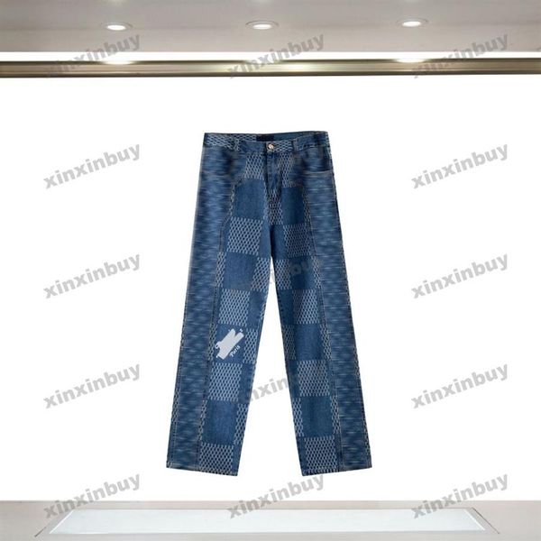 xinxinbuy Pantaloni da uomo firmati da donna Plaid distrutto jacquard Lettera ricamo Jeans lavati denim Pantaloni casual nero blu S-2XL335o