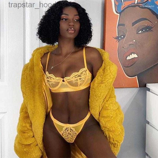 Sutiãs conjuntos sutiãs roupa interior feminina sexy sutiã para mulher amarelo bralette e calcinha lingerie conjunto renda ver através sem fio 2023 l230919