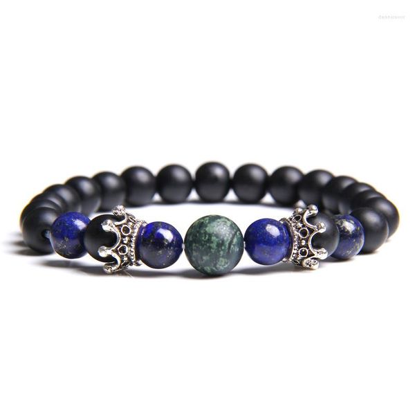 Bracciale con perline di lapislazzuli blu alla moda naturale naturale per uomo, corona in metallo, gioielli con ciondoli, regali, bracciali unisex fatti a mano