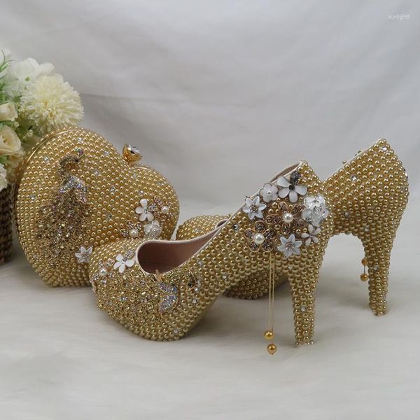 Sapatos de vestido Baoyafang Round Toe Champagne Pérola Pavão Cristal Casamento Nupcial e Bolsa Set Mulheres Moda Plataforma de Salto Alto