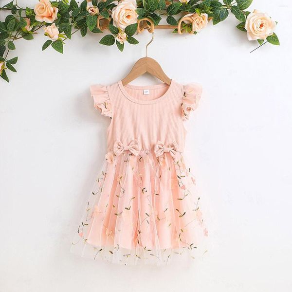 Платья для девочек Платье для маленьких девочек с рукавами и цветочным принтом из тюля в рубчик Одежда Джинсовая красивая детская одежда