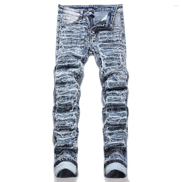 Jeans masculinos Men Ripped Fringes Patches Denim Streetwear Patchwork Slim Straight Stretch calça azul