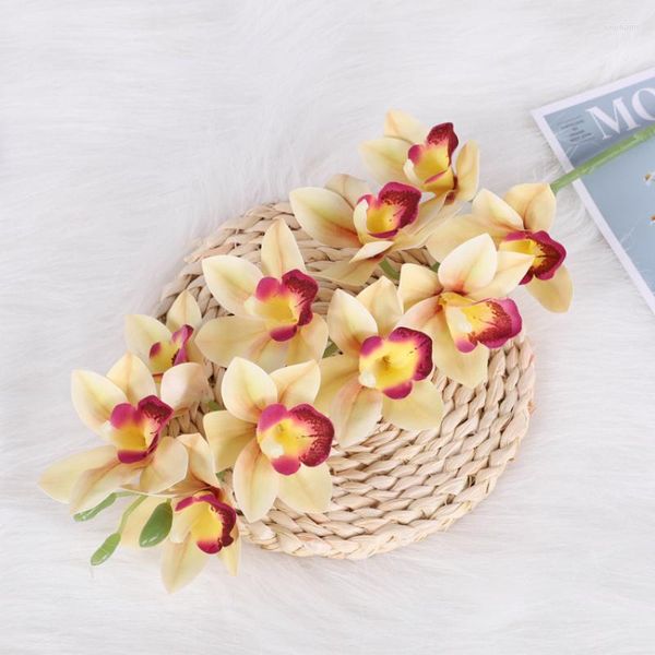 Dekoratif Çiçekler 10heads Cymbidium Dans Orkide Yapay Ev Odası Çiçek Düzenlemesi Dekor Düğün Partisi Bitki Duvar Materia