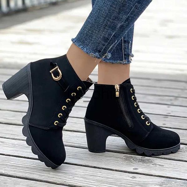 Botas Plus Size 35-42 Mulheres Bombas Botas de Alta Qualidade Lace-up Europeu Senhoras PU Salto Alto Ankle Boots Entrega Rápida Sapatos Femininos J230919