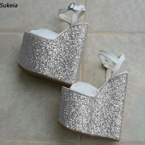 Sukeia/женские сандалии на платформе, босоножки на танкетке, великолепные клубные туфли золотого и серебряного цвета с открытым носком на очень высоком каблуке, женские размеры 5–15 (США)