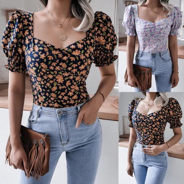 Blusas femininas vintage boho camisa feminina verão lanterna manga pescoço quadrado sexy chiffon topos blusa floral retro aberto volta plissado