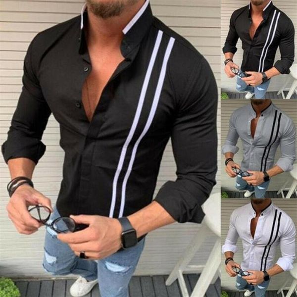 Camisa masculina slim fit manga comprida gola aberta listrada elegante luxo formal camisa casual tops235S