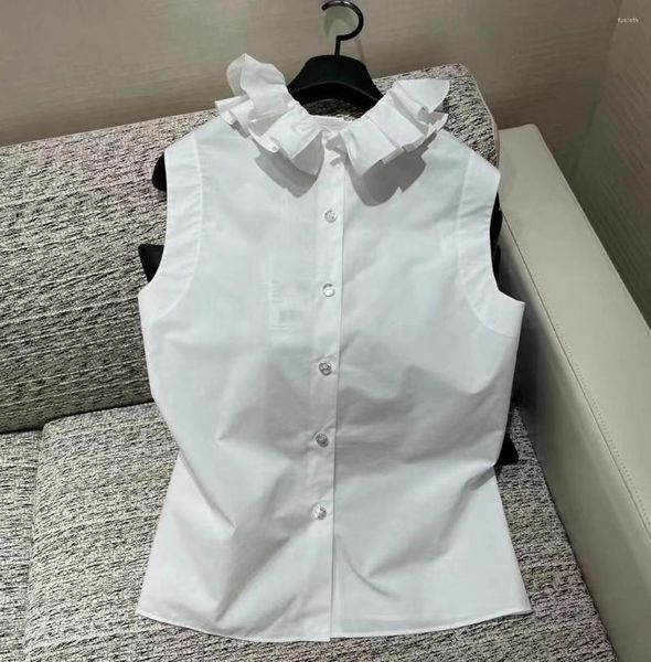Blusas femininas 2023 verão mulheres plissado colarinho camisas sem mangas algodão casual elegante doce topos de alta qualidade chique blusa runway designer