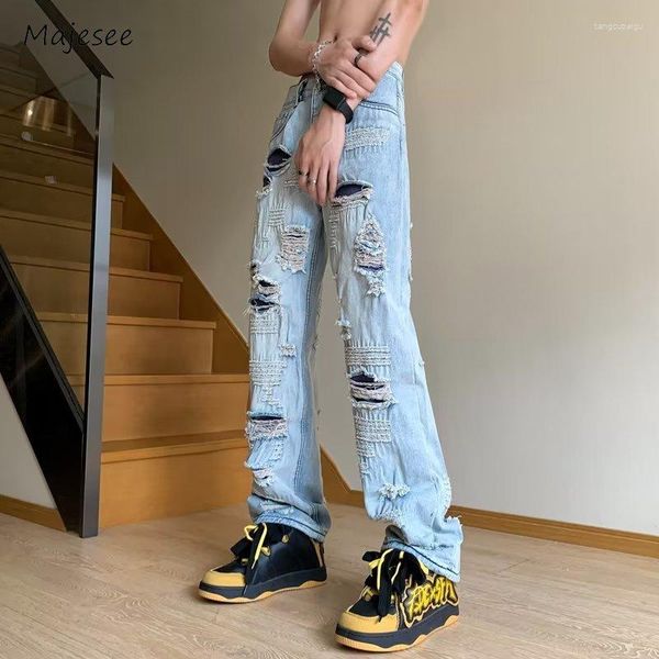 Jeans masculinos buraco homens na moda streetwear estilo americano adolescentes jovem vitalidade unisex primavera outono reto all-match vintage chique