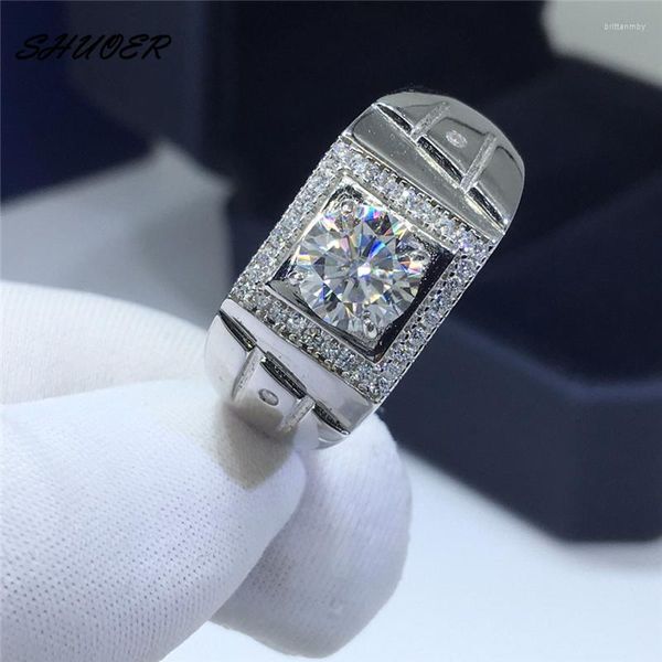 Küme Yüzük Erkekler Klasik 1 Parlak Kesim Pass Diamond D Renk Miissanit Büyük Yüzük 925 STRING Silver Stone Geniş Takı