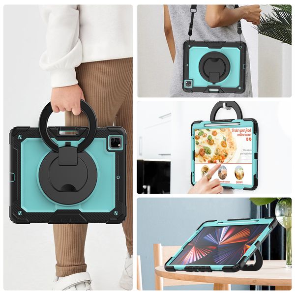 Para Samsung Galaxy Tab S9 S8 Ultra 14,6 polegadas Tablet Case 360 Rotating Handle Grip Kickstand Cover Heavy Duty Armor à prova de choque Kids Cases Tela PET Film Alça de ombro