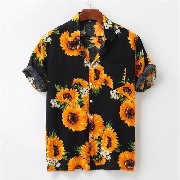 Mode Plus Größe Shirts Herren Sommer Sonnenblumen Muster Shirts Casual Kurzarm Strand Lose Bluse 2020 Hawaiian Shirt #31287M
