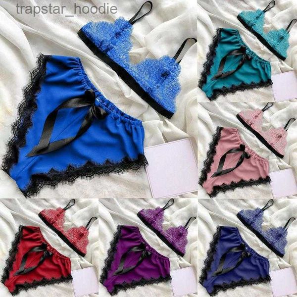 Completi di reggiseni Completi di reggiseni Donna Scollo a V Ciglia Pigiama di pizzo Sexy Stain Canotta Pigiama Bowknot Pantaloncini Lingerie Set Moda Solid Pijama Feminino L230919