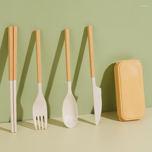 Set di stoviglie 3PC/4PCS Set di paglia di grano Stoviglie portatili Coltello Forchetta Cucchiaio Bacchette Posate da viaggio Scatola portautensili ecologica