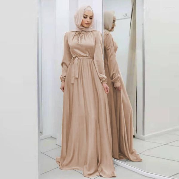 Roupas étnicas Moda Muçulmana Cetim Envoltório Vestido Ramadan Cinto Abaya Dubai Turquia Árabe Manga Longa Maxi Vestidos Mulheres Islam Robes