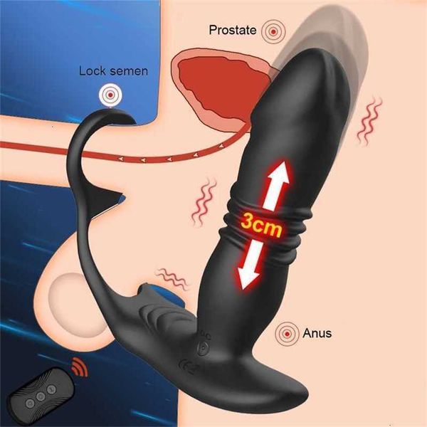 Brinquedo sexual massageador de silicone vibrador anal empurrando estimulador de próstata atraso na ejaculação bloqueio anel butt plug vibradores para homens