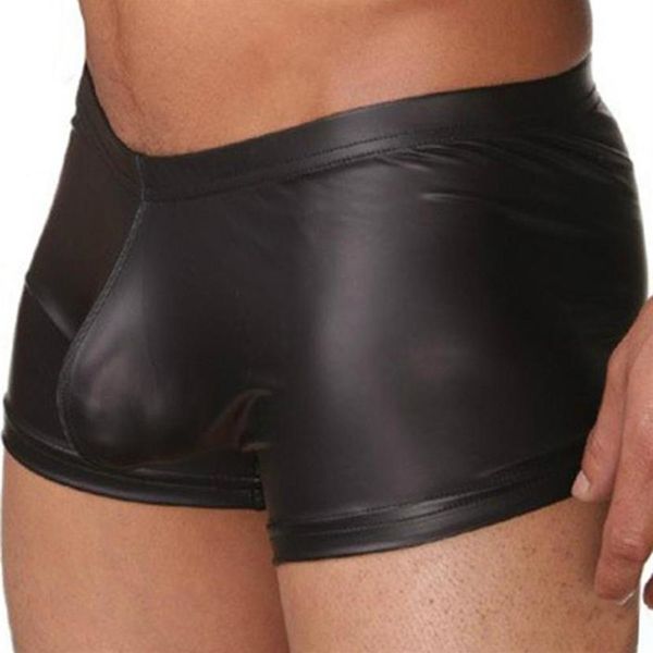 Cuecas sexy homens boxers underpant aberto virilha faux couro briefs shorts roupa interior masculino macio preto swimwear plus size238z