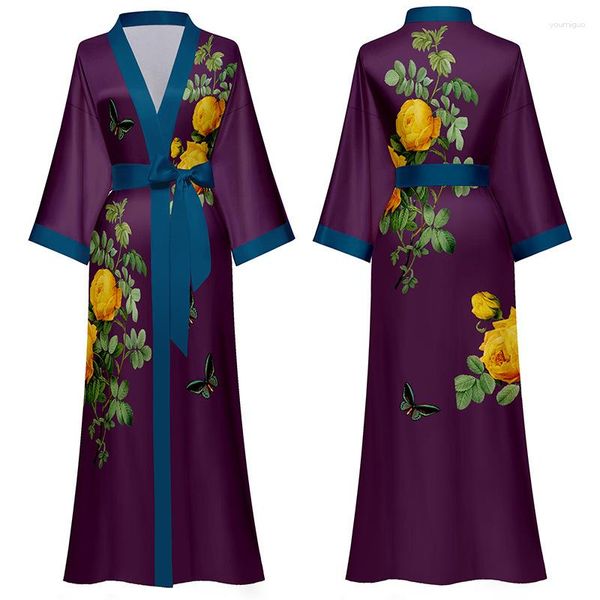 Damen-Nachtwäsche, langes Kimono-Robenkleid, Sommer-Druck, Blumen-Bademantel, Damen-Nachthemd, Braut-Morgen-Kurzarm-Dessous, Satin-Nachtwäsche