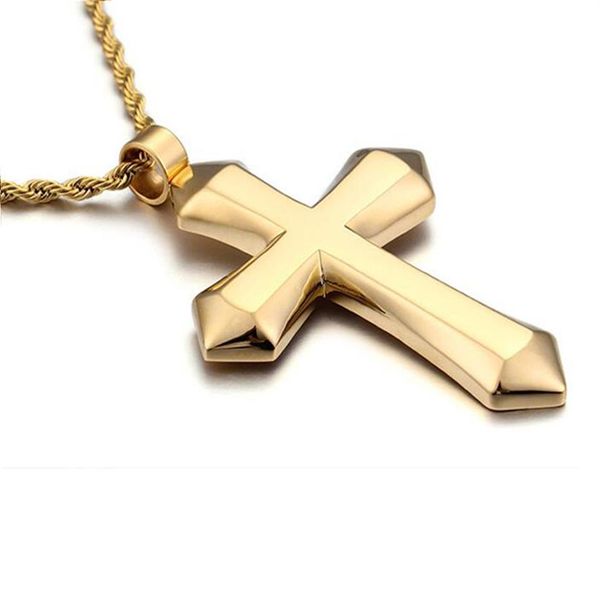 Мужская цепочка для мальчиков, полированный большой крест, кулон, ожерелье из веревки из нержавеющей стали, золотого, серебряного цвета, ожерелье с крестом 60 см224P