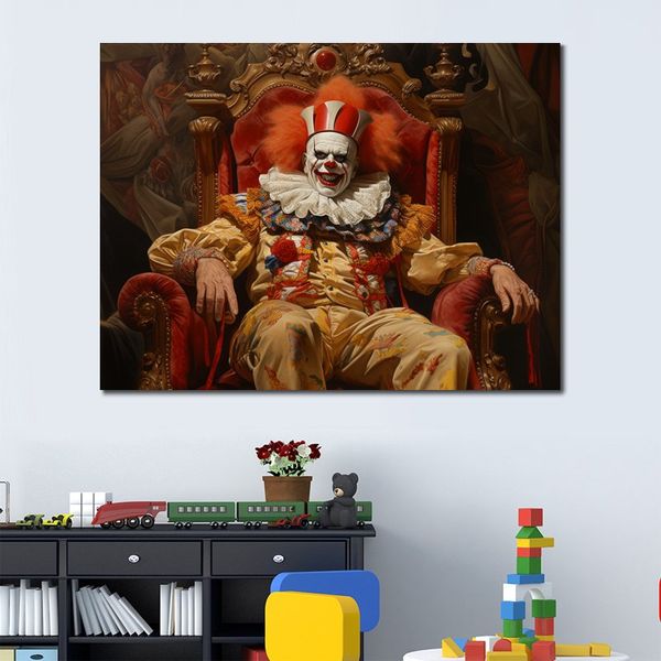 Grande dipinto Clown in trono Stampa su tela Post Picture Senza cornice per la decorazione della parete di casa in stile retrò