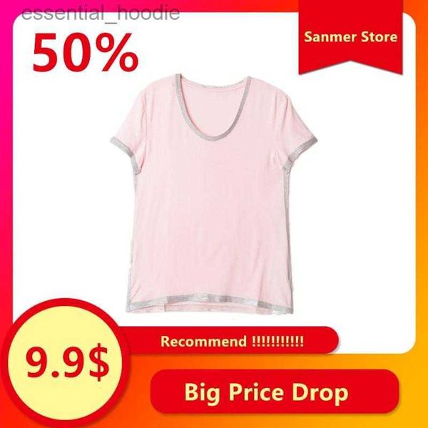 Damen Blusen Hemden Damen T-Shirt Frühling Sommer Damen Kurzarm Einfach V-Ausschnitt Damen Bronzing Silber Randbesatz Lässig Pullover T-Shirt Top Mode L230919