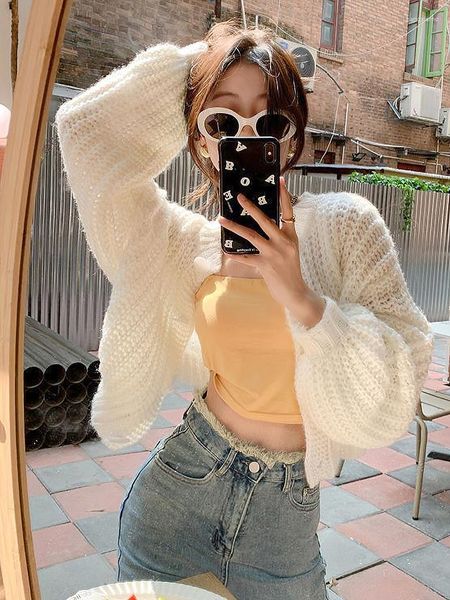 Malhas femininas coreano outono chunky malha cardigan feminino designer oversize recortada camisola puff manga gola redonda curto outerwear 2023