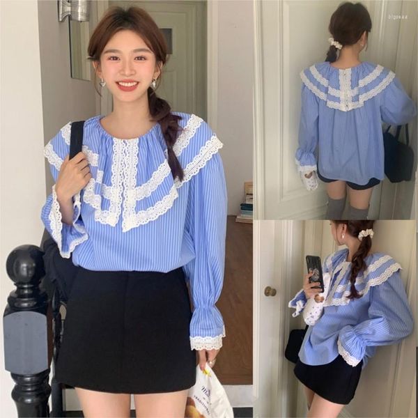 Blusas femininas camisas azuis para mulheres rendas gola boneca manga sino coreano chique blusa primavera outono solto casual listra combinando
