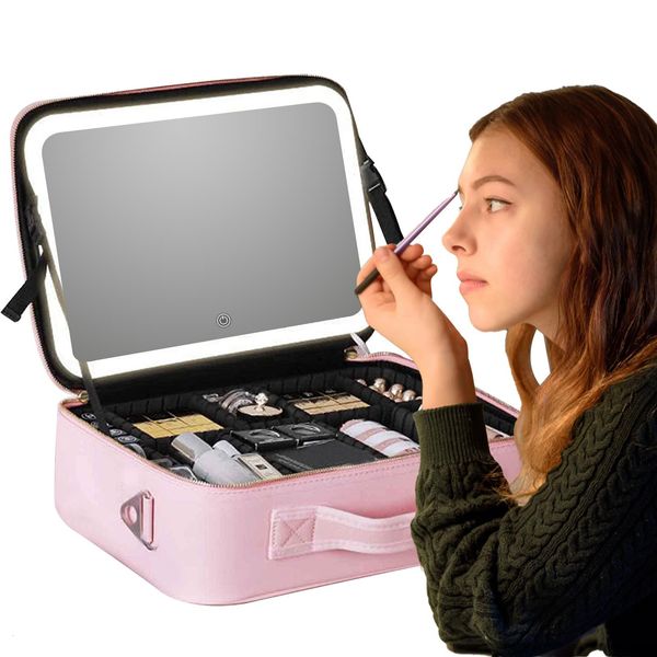 Sacos cosméticos Casos Smart LED Makeup Bag com compartimentos de espelho impermeável PU Couro Travel Case para mulheres 230919