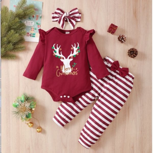 Set di abbigliamento 324 mesi Vestiti per bambina Vestito a maniche lunghe Buon Natale Stampa con corna Pagliaccetto TopPantaloni a righeFascia 3 pezzi 230919