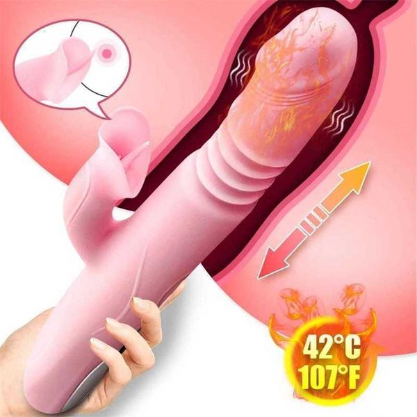 Vibrador de língua dupla com aquecimento, vibradores rotativos telescópicos para mulheres, estimulador de clitóris anal e vaginal, sexo