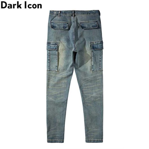 Jeans masculinos lavagem escura vintage magro homens bolsos laterais high street spandex denim calças2069