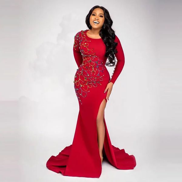 Abendkleider, rotes Abschlussball-Partykleid, formelle Meerjungfrau, Trompete, individuell, neu, U-Ausschnitt, langärmlig, elastischer Satin, Übergröße, Schnürung, Reißverschluss, Perlenkristall