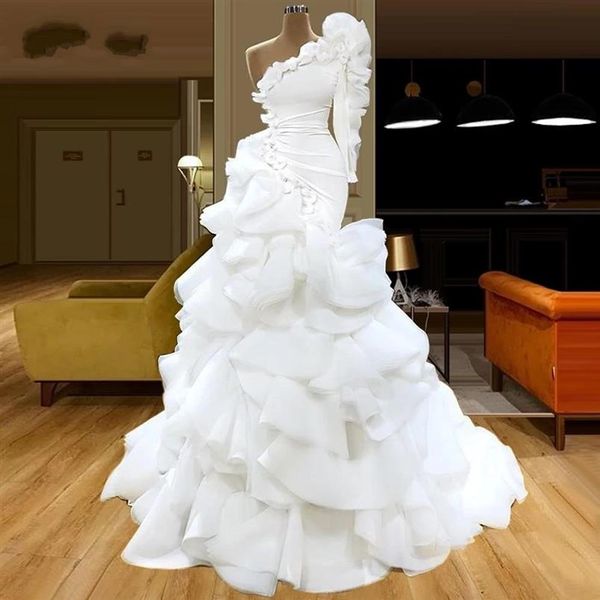 Mode Meerjungfrau Hochzeit Kleid Rüschen Eine Schulter Langarm Saudi-arabien Brautkleider 2021 Moderne Sweep Zug robes de mariee254f