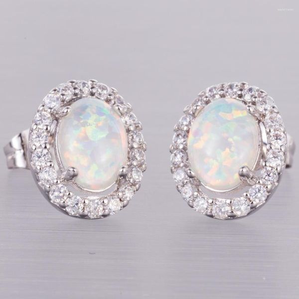 Orecchini a bottone KONGMOON 5x7 ovale bianco opale di fuoco cabochon CZ gioielli placcati argento per le donne piercing