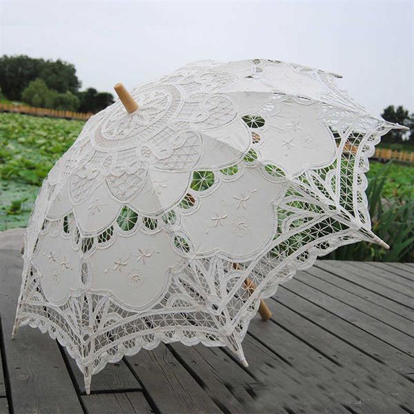 Guarda-sol de renda guarda-chuva de casamento guarda-chuva de renda elegante algodão bordado marfim battenburg h1015230s