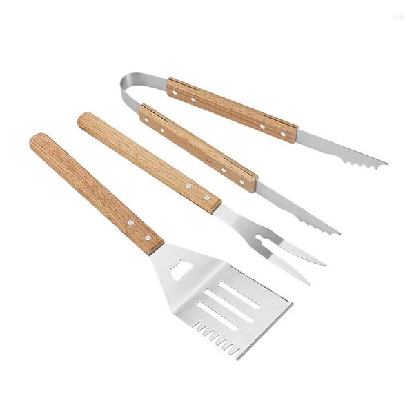 Werkzeuge – Grillwerkzeug-Set, Edelstahl-Grill, dreiteilig, Grill, Outdoor-Gabel, Schaufel, 3-teiliger Holzgriff