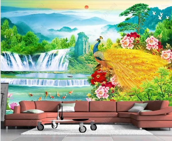 Wallpapers 3d papel de parede com personalizado po mural dourado pavão cachoeira flores cenário sala decoração de casa na parede