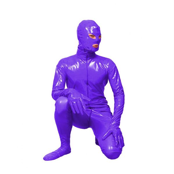 12 Farben Männer glänzend PVC Reißverschluss Zentai maskiert Cosplay Catsuit Ganzkörper offene Augen Mund Overall Halloween Maskerade Kostüm275a