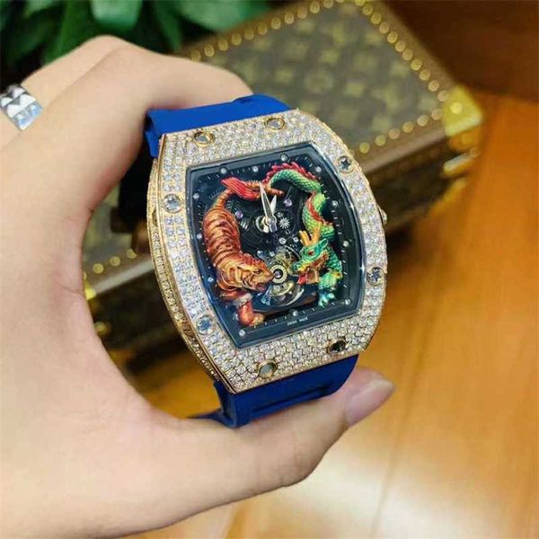 Роскошные часы Richarmilles Diamond Fashion Dragon Tiger Luxury Full Sky Star Personality Mile Механический вырез Атмосфера Tape Tide