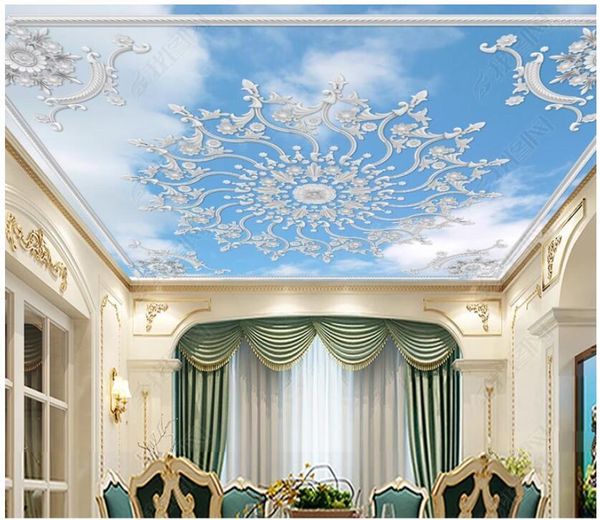 Обои на заказ Po 3d потолочные фрески обои Европейская белая штукатурка линия резной декор неба стена для гостиной