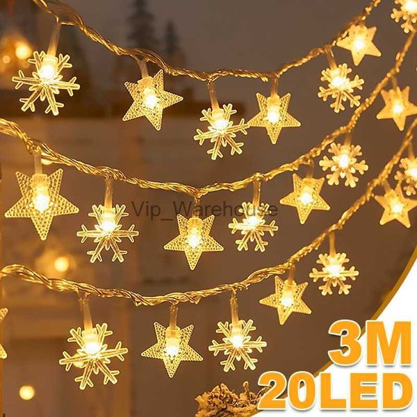 Cordas de led decorações de natal flocos de neve estrela luzes da corda guirlanda alimentado por bateria lâmpadas de iluminação de fadas para xams decoração da árvore hkd230919